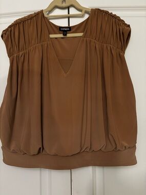 Express Women's Rust Brown V-Neck Gathered Cap-Sleeve Blouse